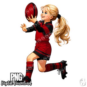Joueuse de rugby juvénile PNG, fille de rugby, clipart rugby, uniforme rouge et noir, téléchargement numérique, sublimation