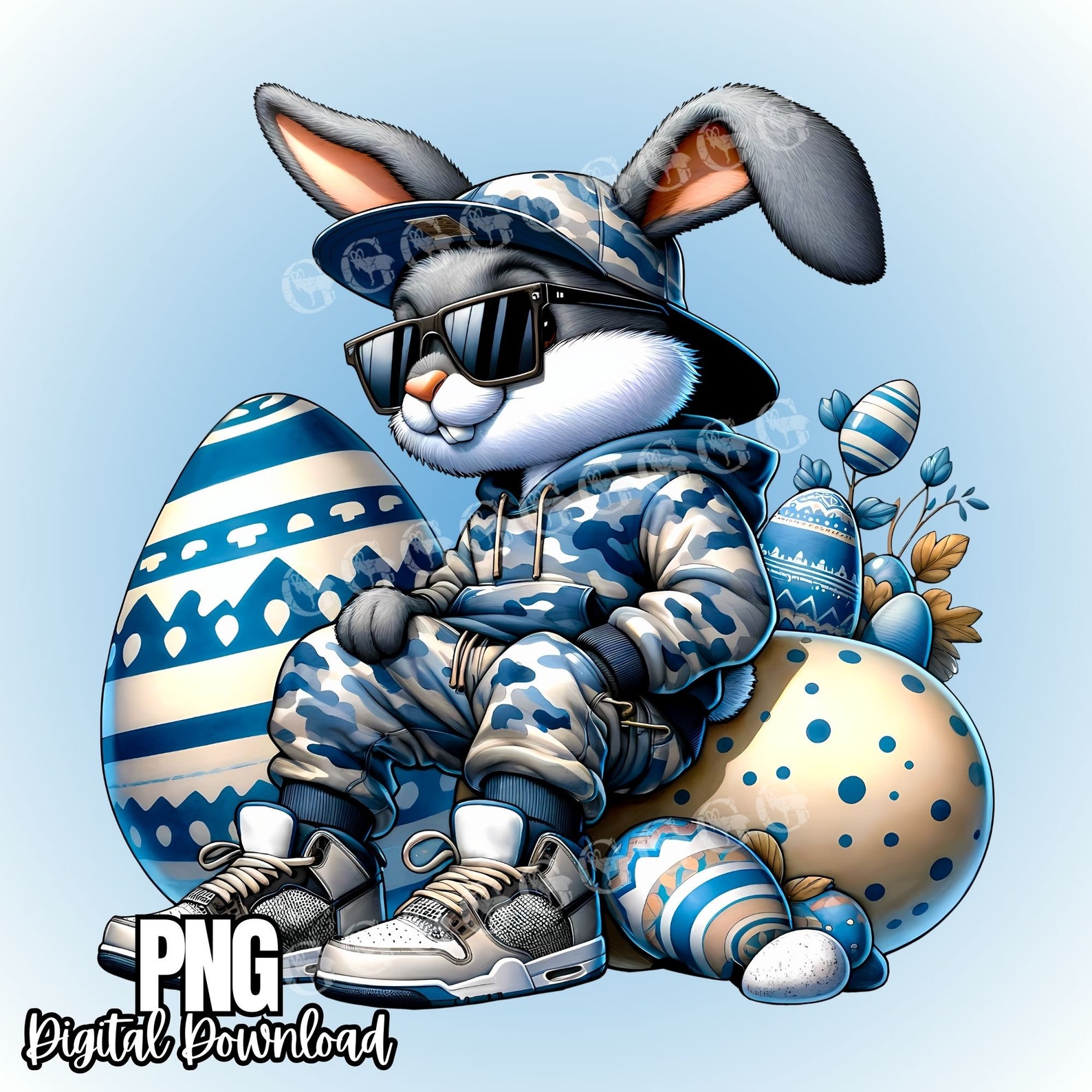 Hip Hop Easter Bunny PNG, Blue White Camo Hoodie and Sweatpants, Easter ...