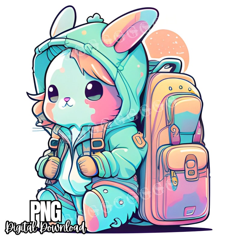 Puede incluir: Un conejito de dibujos animados con una chaqueta con capucha azul y verde y una mochila rosa y amarilla. El conejito tiene mejillas rosadas y una nariz blanca.