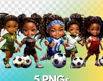 May include: Five cartoon girls with brown skin and curly black hair are playing soccer. Each girl is wearing a different colored soccer uniform and holding a soccer ball. The girls are standing on a green and yellow background.