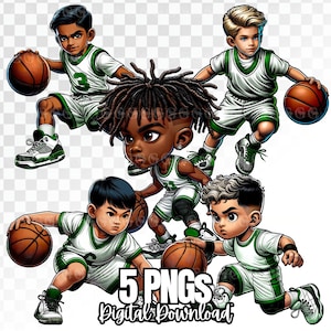 Könnte beinhalten: Fünf Cartoon-Basketballspieler in grün-weißen Trikots. Die Spieler dribbeln Basketbälle und haben verschiedene Frisuren und Hauttöne. Das Bild enthält den Text "5 PNGs Digital Download".