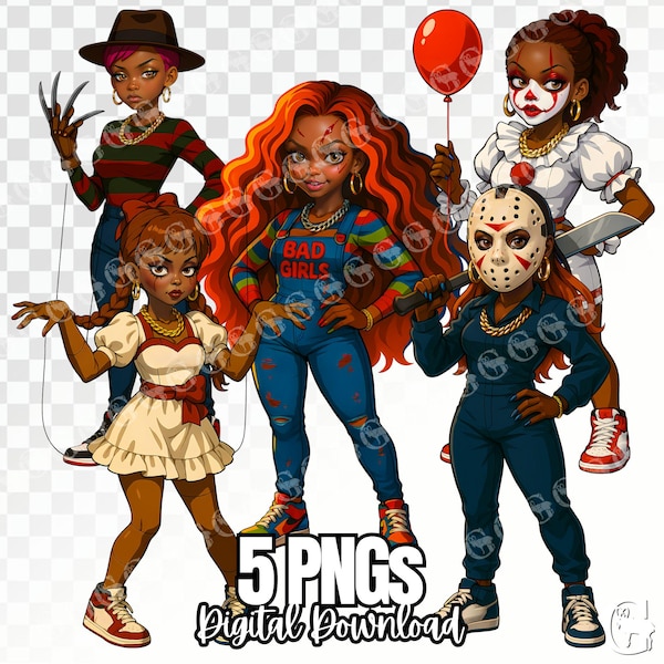 African American Halloween Girl Clipart Set – 5 PNGs – Clipart for Shirts, Invitations, Tumbler Wraps, Scrapbooking, Sublimation