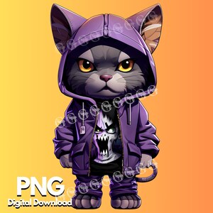 K&ouml;nnte beinhalten: Ein lila Kapuzenpullover mit einem Monster-Motiv auf der Vorderseite. Die Katze tr&auml;gt den Pullover und hat ein lila-schwarzes Farbschema.