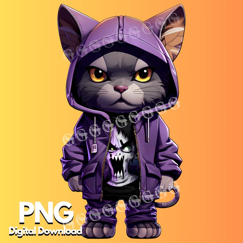 K&ouml;nnte beinhalten: Ein lila Kapuzenpullover mit einem Monster-Motiv auf der Vorderseite. Die Katze tr&auml;gt den Pullover und hat ein lila-schwarzes Farbschema.