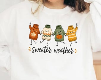 Sweater Weather Cute Dancing Sweaters Shirt, Funny Cozy Fall Sweater Doodles Tee, Autumn Knit Shirt, Cozy Fall Unisex Tee