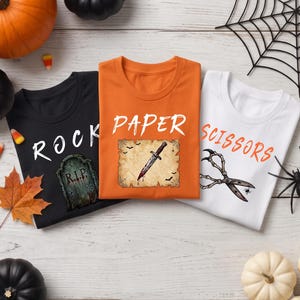 Rock Paper Scissors Halloween Trio Shirts, Spooky Costume Group Tees