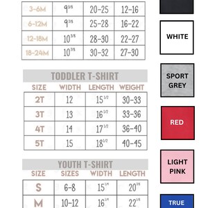 May include: A white background displays size charts for baby onesies, toddler, and youth t-shirts. The charts include size, width, length, and weight measurements in inches and ounces. Color swatches for black, white, sport grey, red, light pink, and true royal blue are also shown.