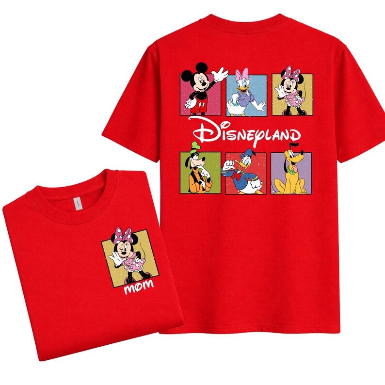 May include: Red t-shirts featuring Disney characters. One shirt has a Minnie Mouse graphic with the word "mom" on the front. The other shirt has a Disneyland logo and character graphics on the back, including Mickey Mouse, Daisy Duck, and Pluto.