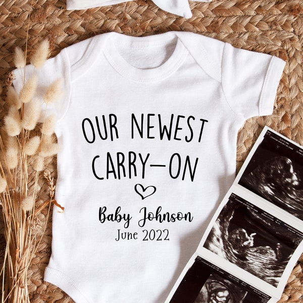 Our Newest Carry-On Baby Announcement Onesie ®, Pregnancy Announcement Onesie ®, Travel Baby Theme, Luggage, Custom Birthday Baby Bodysuit