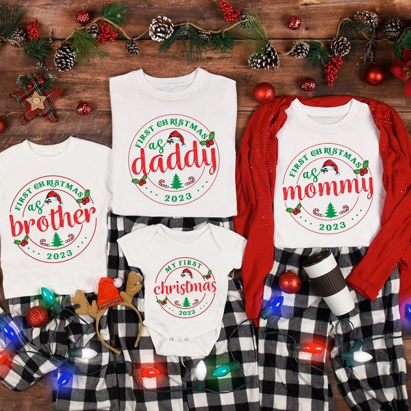 Our First Christmas Matching Family Shirts, First Christmas As Daddy As Mommy Shirts, Funny Christmas 2023 Family Tee, Baby Announcement