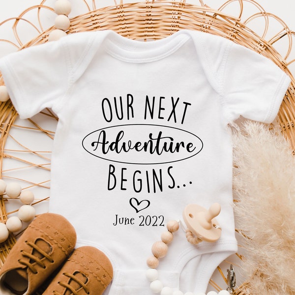 Our Next Adventure Begins Baby Announcement Onesie ®, Pregnancy Announcement, Travel Baby Theme, Luggage, Custom Birthday Baby Bodysuit