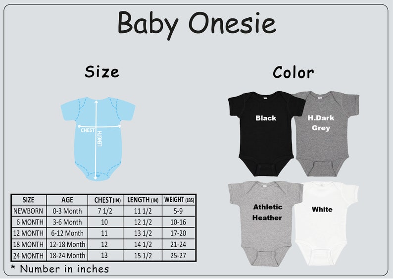 May include: A baby onesie size and color chart featuring a light blue onesie outline with chest and length arrows. Four onesies are shown in black, dark grey, athletic heather, and white. A table lists sizes, ages, chest and length in inches, and weight in lbs.