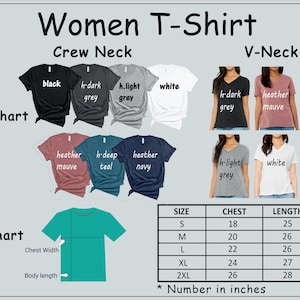 May include: Image of a Women's T-Shirt color and size chart. The color chart shows crew neck and V-neck shirts in various colors, including black, white, and heather grey. The size chart provides chest and length measurements in inches.