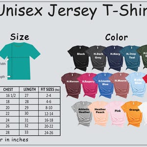 May include: Image of a unisex jersey t-shirt with size and color options. The size chart shows chest and length measurements in inches. Available colors include black, navy, and red.