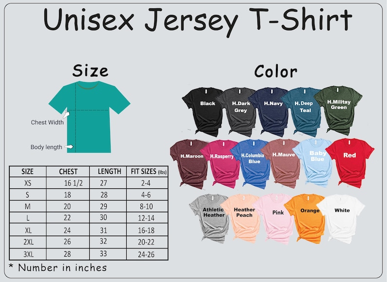 May include: Image of a unisex jersey t-shirt with size and color options. The size chart shows chest and length measurements in inches. Available colors include black, navy, and red.
