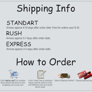 May include: Graphic with the text "Shipping Info" and "How to Order". It details shipping options: Standard, Rush, and Express. Instructions on selecting design, size, color, and adding items to cart are also included.