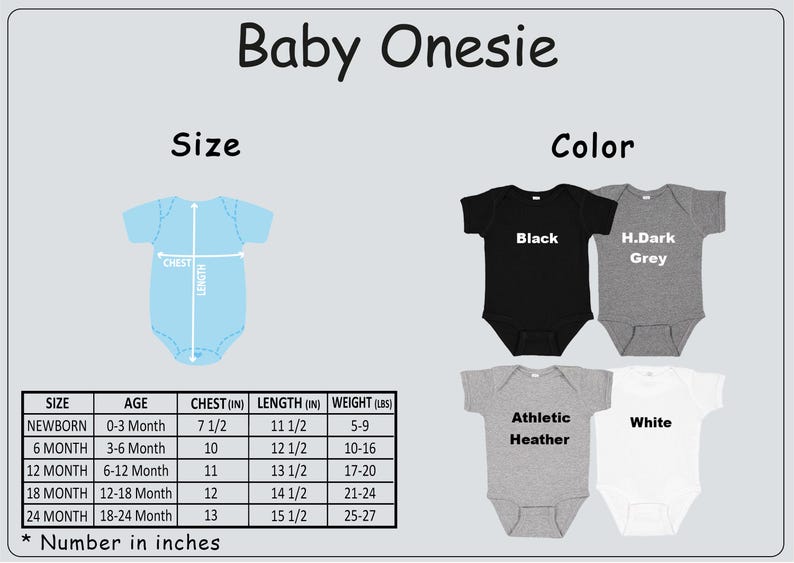May include: Image of a baby onesie size and color chart. The chart includes sizes from newborn to 24 months, with chest, length, and weight measurements in inches. Colors include black, dark grey, athletic heather, and white.