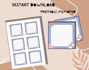 Printable Memo Pad Cat Design Instant Download PDF