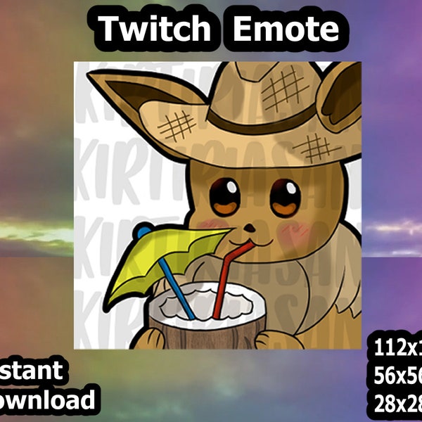 Twitch Emote / Cute Evoli Emote for Streamer with coconut drink / Sub Emoji / 112x112 - 56x56 - 28x28