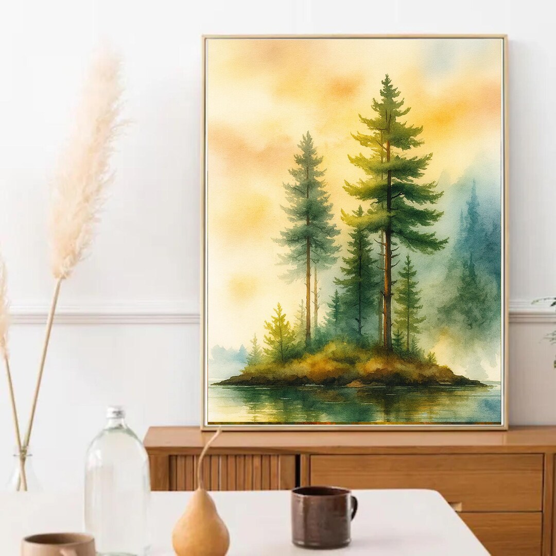Misty Pine Forest Poster – Watercolor Lake Landscape Wall Art Print ...