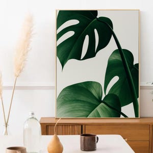 Green Monstera Leaf Wall Art – Botanical Jungle Print for Living Room or Office, Dark Green Tropical Decor, Framed or Unframed Poster