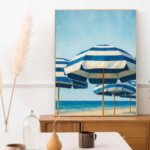 Blue Beach Print | Navy Umbrellas Wall Art | Vintage Coastal Summer Decor | Aesthetic Beach Digital Poster | Ocean Printable Art
