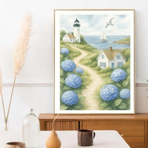 Cape Cod Watercolor Art | Coastal Cottage Print | Beach House Wall Decor | Seaside Landscape Poster | Lighthouse Digital Download