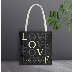 1Corinthians 13 Bibel Vers inspiriert Tasche | Inspirierende Frau des Glaubens Geldbörse | Wiederverwendbare Canvas-Einkaufstasche | Liebe versagt nie Handgemachte Tasche
