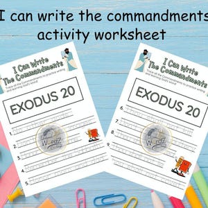 May include: A printable worksheet for kids to practice writing the Ten Commandments. The worksheet features a blue background with a title that says "I Can Write The Commandments" and "Exodus 20". The worksheet has lines for kids to trace the words of the Ten Commandments.