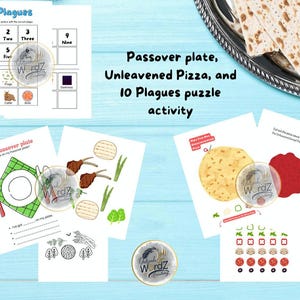 May include: A set of printable Passover activity sheets featuring a Passover plate, unleavened pizza, and a 10 plagues puzzle. The sheets are black and white with colorful illustrations.