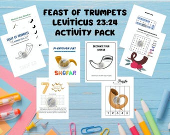 Fest der Trompeten Aktivitätspaket | Yom Teruah Arbeitsblätter zum Ausdrucken für Kinder | Shofar, Wortsuchspiel, Bibel-Lernspiele | Digitale svg Blätter