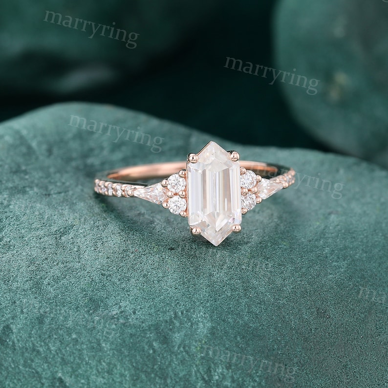 Hexagon Moissanite Engagement Ring Vintage 14k Rose Gold Ring Etsy