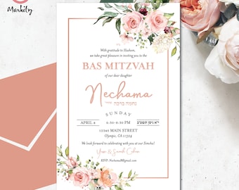 Invitación Bat Mitzvah Imprimible Editable Digital Descargar Plantilla Fiesta de Niña Invita Floral Rosa Verde