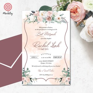 Bat Mitzvah Invitation Printable Editable Digital Download Template Girl&#39;s Party Invites Floral Mauve Blush