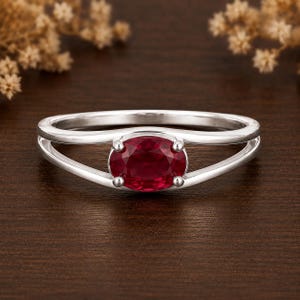 Ruby Ring, Silver Plated Brass Oval Red Gemstone Ring, Split Shank Solitaire Ring, July Birthstone Gift For Her , Lab Created