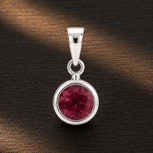 Lab Created Ruby Pendant, Silver Plated Brass Necklace, Round Red Gemstone Pendant, July Birthstone Gift for Her
