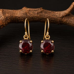 Lab Created Ruby Earrings, Gold Plated Brass Drop Earrings, Oval Red Gemstone Earrings, July Birthstone Gift for Her