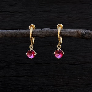 Peut inclure: Une paire de boucles d'oreilles créoles en or, chacune ornée d'une pierre précieuse rose vif, ronde et facettée. Les boucles d'oreilles sont suspendues à une branche de bois sombre et texturée, mettant en valeur le métal doré poli.