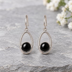 Natural Black Onyx Earrings, Silver Plated Brass Drop Earrings, Round Black Gemstone Dangle Earrings, Modern Minimalist Gift For Her