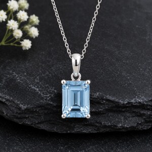 Lab Created Aquamarine Necklace, Silver Plated Brass Pendant, Emerald Cut Light Blue Gemstone, March Birthstone Gift