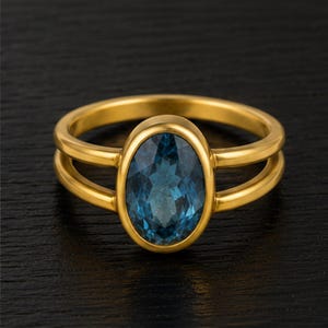 Lab Created Blue Tourmaline Ring, Gold Plated Brass Ring, Oval Bezel Gemstone Ring, Split Shank October Birthstone Gift