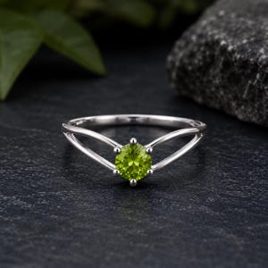 Lab Created Peridot Ring, Silver Plated Brass Ring, Round Green Gemstone Ring, Split Shank Solitaire, August Birthstone Gift for Her