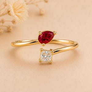 Red Zircon Ring, Gold Plated Brass Ring, Pear Cut Red Gemstone, Two Stone Open Ring, Toi Et Moi Gift For Her , Lab Created