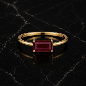 Lab Created Ruby Ring, Gold Plated Brass Ring, Emerald Cut Red Gemstone Ring, Dainty Solitaire Ring, July Birthstone Gift
