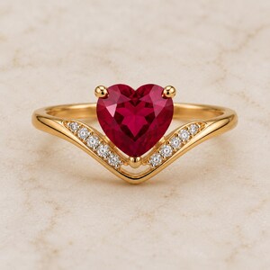 Lab Created Ruby Heart Ring, Gold Plated Brass Ring, Red Heart Gemstone Ring, Romantic Promise Ring, Anniversary Gift for Her