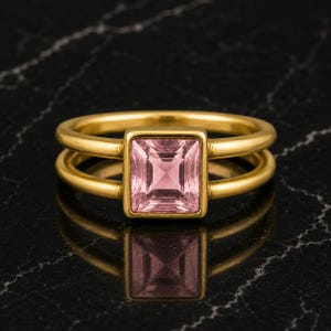 Lab Created Pink Quartz Ring, Gold Plated Brass Ring, Emerald Cut Pink Gemstone Ring, Split Shank Promise Ring, Gift for Her