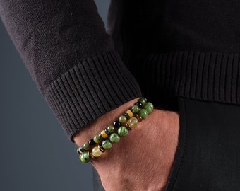 Mens Real Jade Bracelet Set, Crystal Jade Bracelets For Boyfriend Gift, Mens Stone Bracelet, Green Jade Stone Bracelet, Jewelry For Him