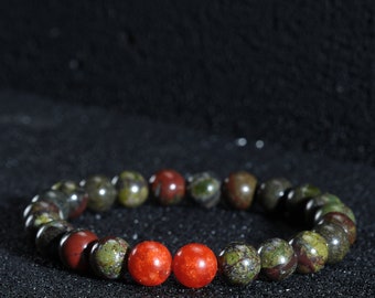Real Coral & Bloodstone Mens Crystal Bracelet, Boyfriend Gift, Coral Bead Gemstone Birthstone Bracelet, Boyfriend Bracelet, Coral Jewelry