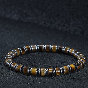 Mens Certified Tigers Eye & Hematite Bracelet, Bead Natural Stone Bracelet, Crystal Bracelets For Men, Christmas Gift, Mens Jewelry Bracelet