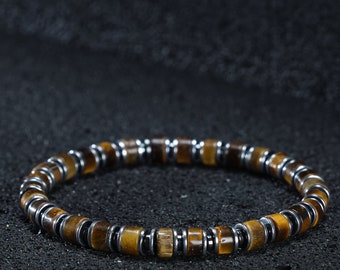 Mens Certified Tigers Eye & Hematite Bracelet, Bead Natural Stone Bracelet, Crystal Bracelets For Men, Christmas Gift, Mens Jewelry Bracelet